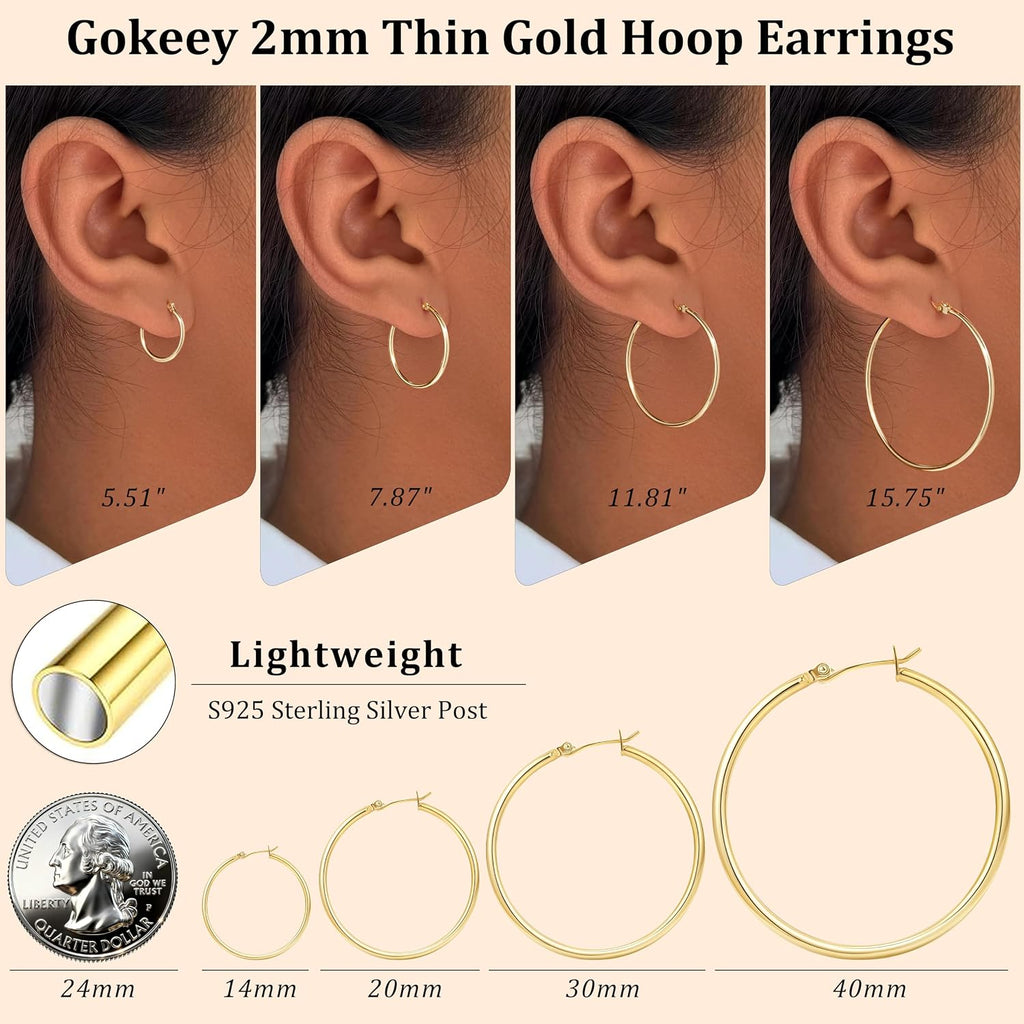 Gold Hoop Earrings Set — 14/20/30/40mm, Sterling Silver Post