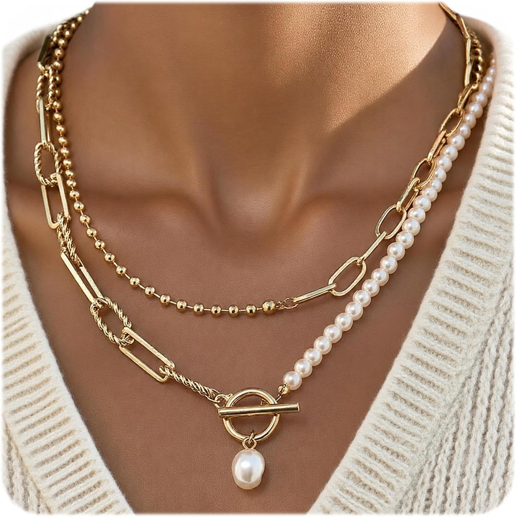 Layered Pearl Chain Necklace — 14K Gold Plated, Toggle Clasp