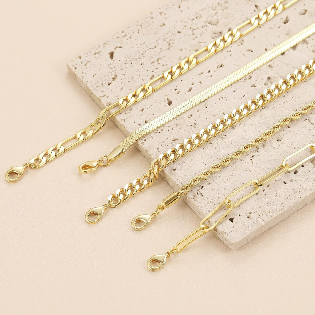 Dainty Gold Bracelets for Women Waterproof, Stackable 14K Gold Plated Waterproof Rope Cuban Snake Paperclip Figaro Link