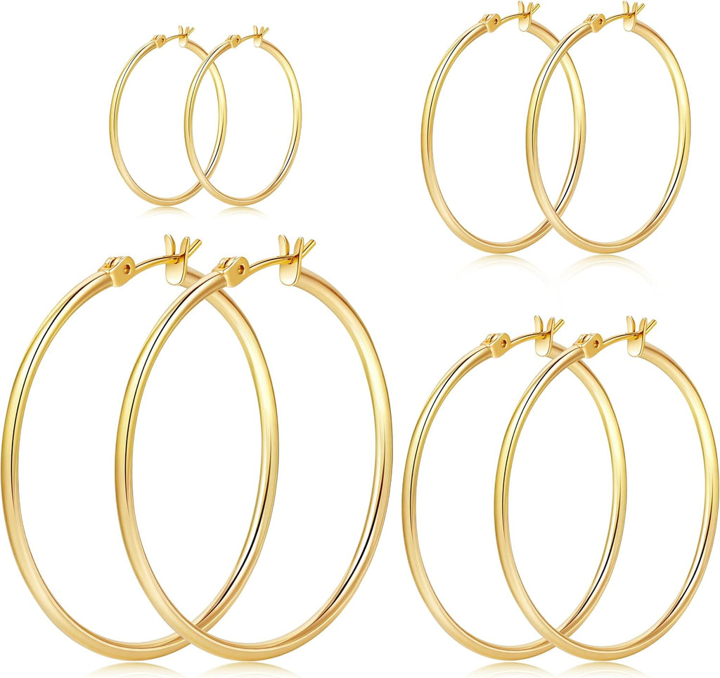 Gold Hoop Earrings Set for Women,14k Gold Plated Gold Hoops with Sterling Silver Post Thin Hoop Gold Earrings
