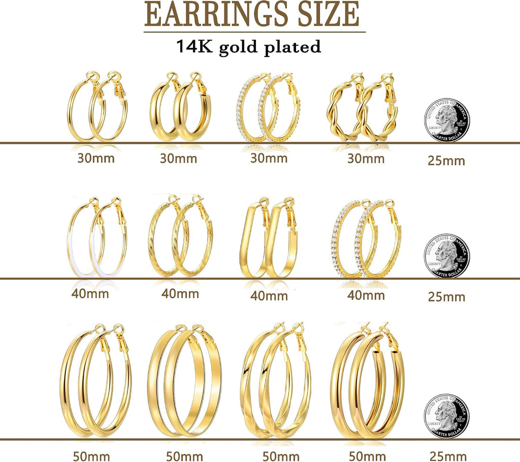 Gold Hoop Earrings Set — 12 Pairs, Lightweight Mixed Styles