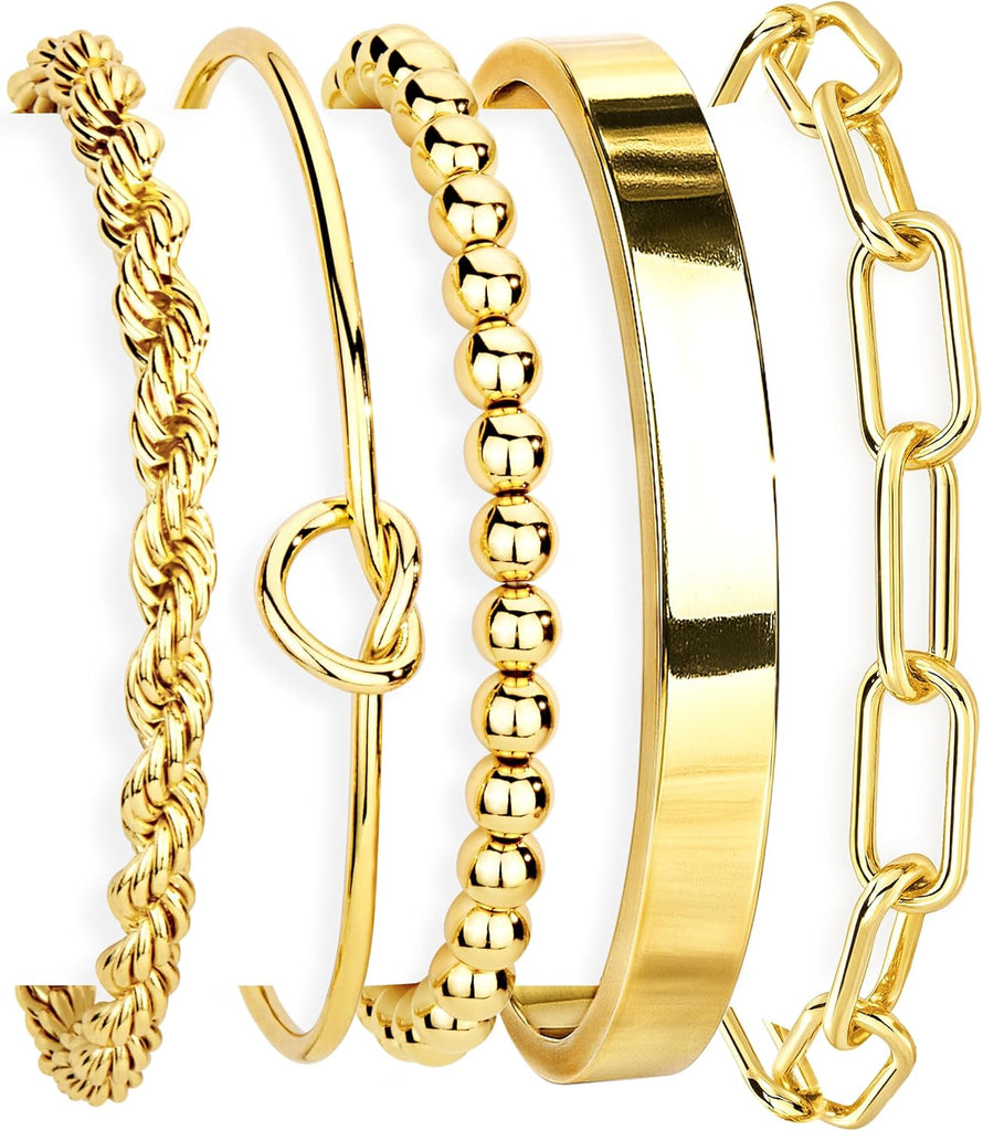 Gold Bracelets Set for Women, 14K Gold Plated, Sterling Silver