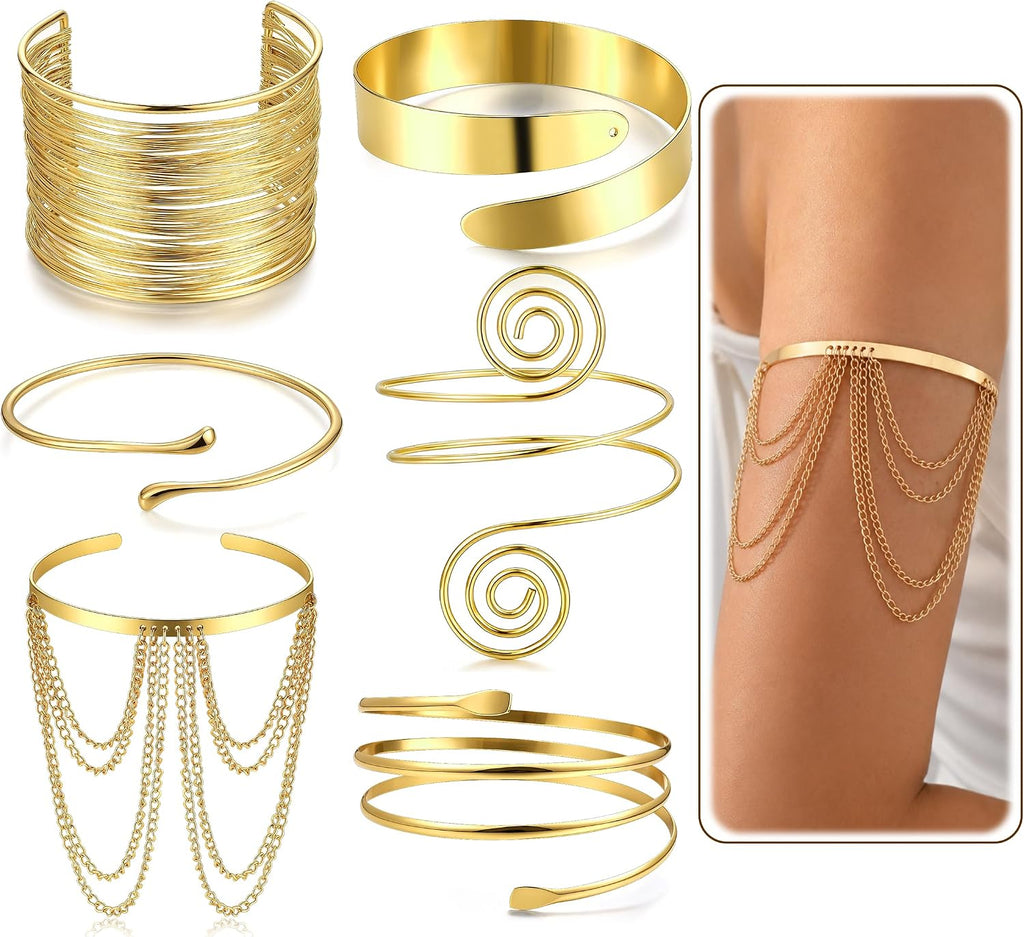 Gold Arm Cuff Set — 6 Pieces, Adjustable Upper Arm Bangles