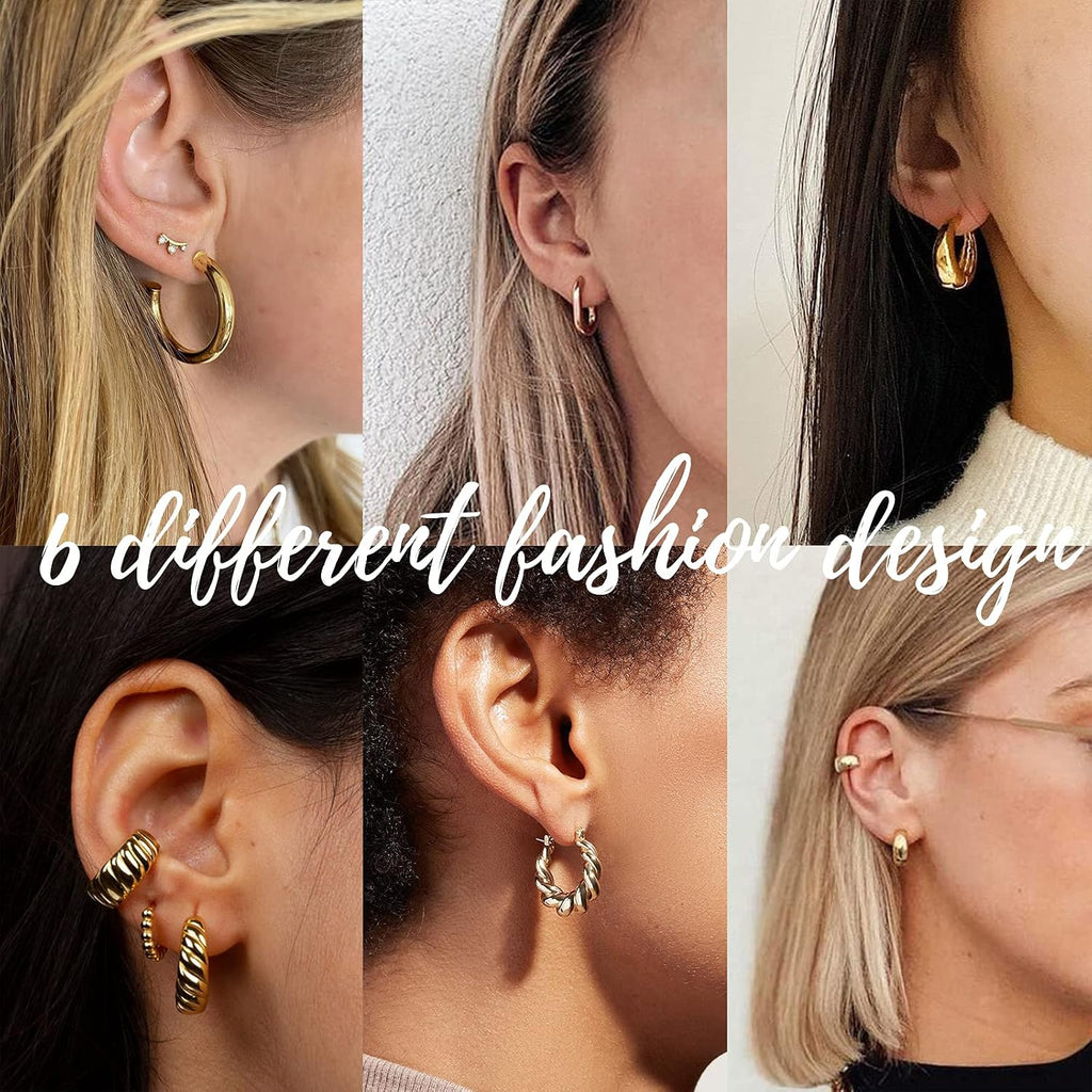 Gold & Silver Hoop Earrings — 6 Pairs, Chunky Mixed