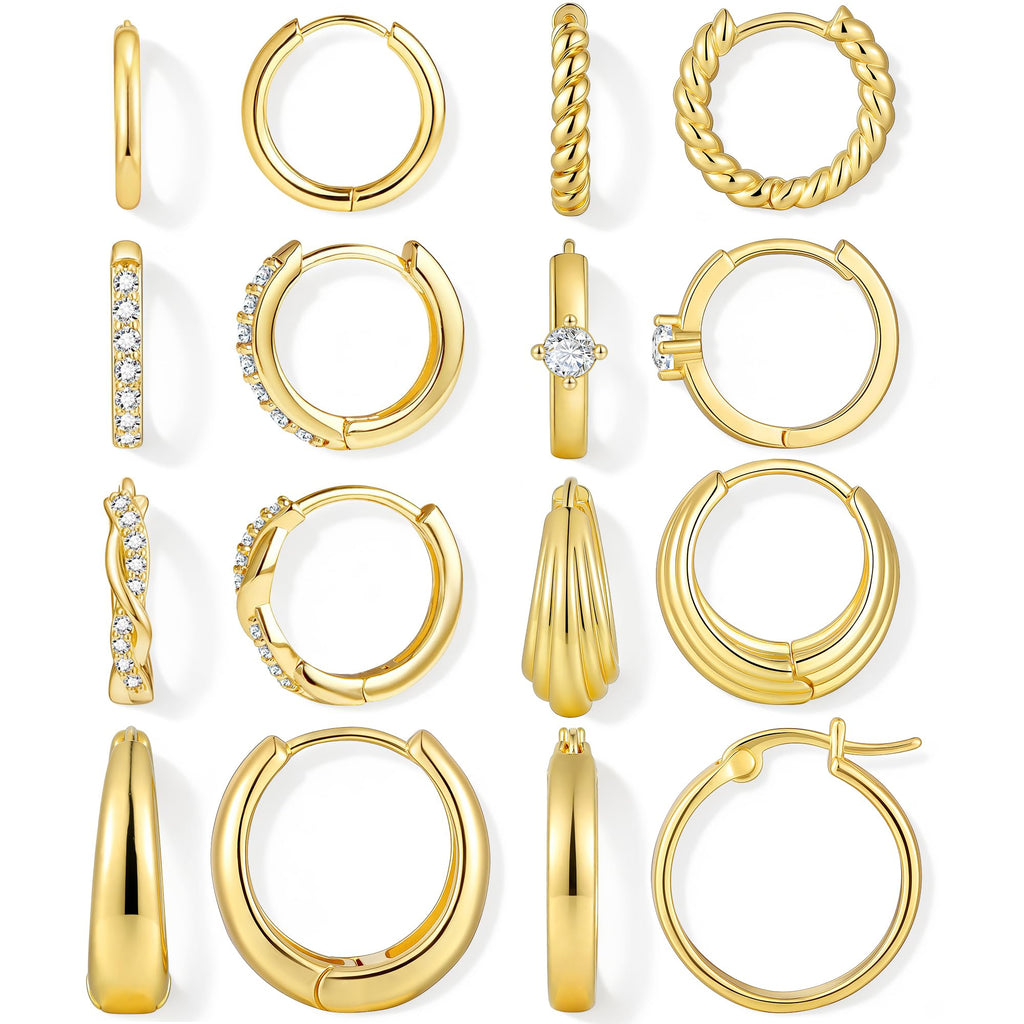 Gold Hoop Earrings — 8 Pairs, 14K Plated Everyday