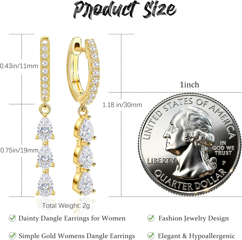 Gold Dangle Drop Earrings for Women, Elegant Wedding Bridal Prom Jewelry, Trendy Hypoallergenic Small Diamond Crystal Huggie