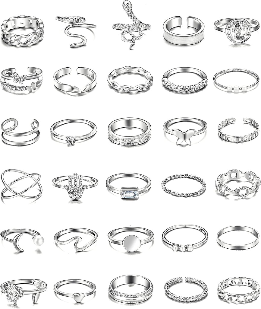 30 Pcs Silver Stackable Rings Set for Women, Boho Butterfly Snake Knuckle Finger Rings Stack, Vintage Midi Rings Pack Summer Jewelry