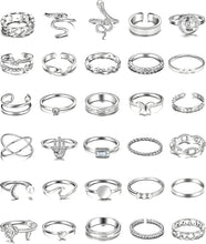 将图片加载到图库查看器，30 Pcs Silver Stackable Rings Set for Women, Boho Butterfly Snake Knuckle Finger Rings Stack, Vintage Midi Rings Pack Summer Jewelry