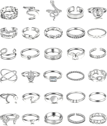 30 Pcs Silver Stackable Rings Set for Women, Boho Butterfly Snake Knuckle Finger Rings Stack, Vintage Midi Rings Pack Summer Jewelry