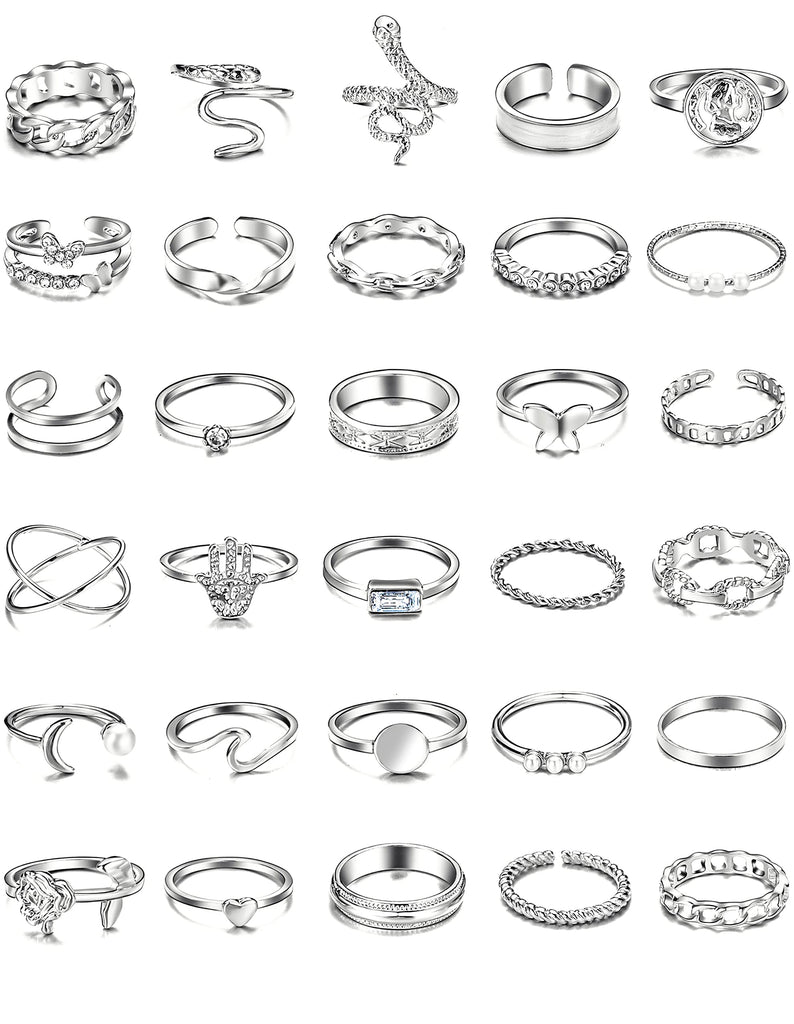 30 Pcs Silver Stackable Rings Set for Women, Boho Butterfly Snake Knuckle Finger Rings Stack, Vintage Midi Rings Pack Summer Jewelry
