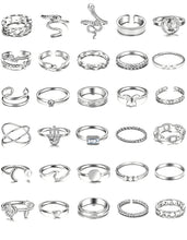 将图片加载到图库查看器，30 Pcs Silver Stackable Rings Set for Women, Boho Butterfly Snake Knuckle Finger Rings Stack, Vintage Midi Rings Pack Summer Jewelry