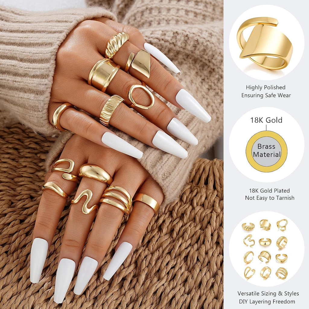 Chunky Gold Rings & Bangle — 14 Piece Stacking Set