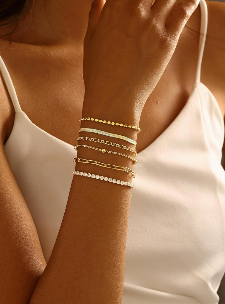 Gold Bracelets Set for Women Waterproof, Non Tarnish 14K Gold Plated Tennis Beaded Figaro Herringbone Paperclip Link Chains,