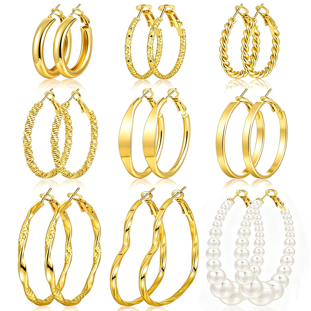Gold Hoop Earrings Set — 12 Pairs, Lightweight Mixed Styles