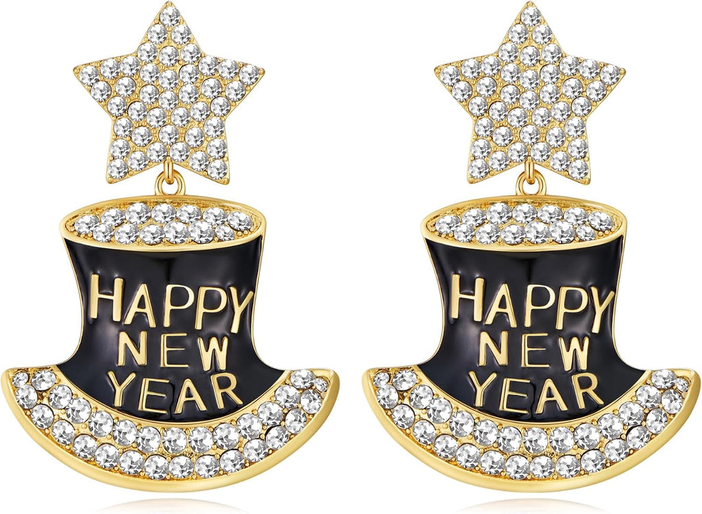 Happy New Year Rhinestone Dangle Earrings