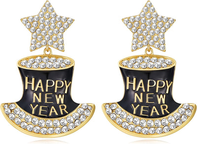 Happy New Year Rhinestone Dangle Earrings