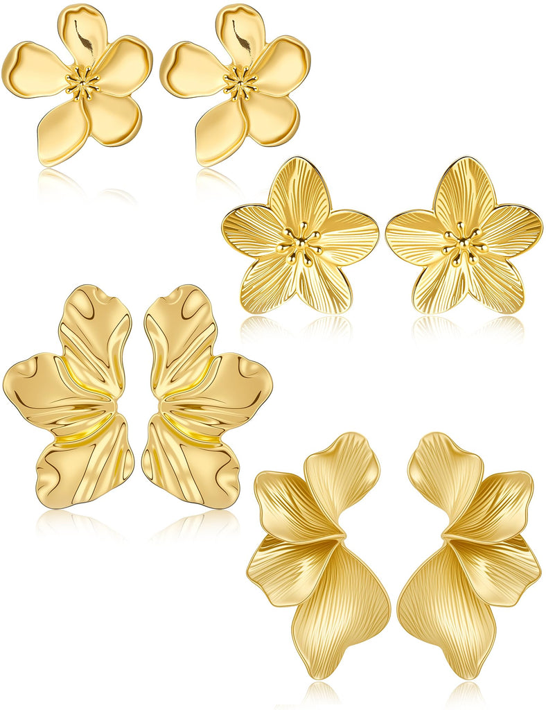Chunky Gold Flower Dangle Earrings for Women, Gold Plated Irregular Leaf Floral Big Statement Earrings Set – view 7