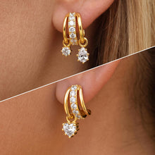 Load image into Gallery viewer, Gold Dangle Illusion Earrings for Women - Triple Huggie Studs for Single Piercing With CZ Heart &amp; Pear Dangle Charm,