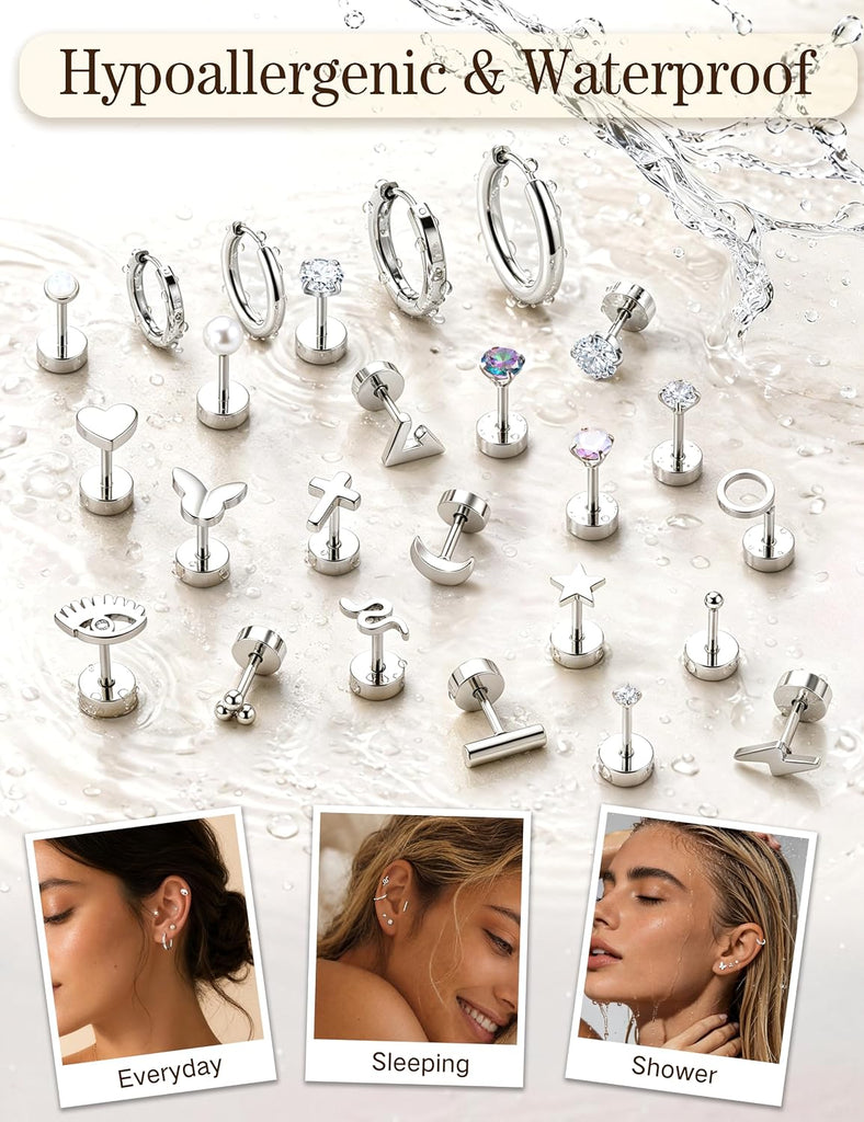 Flat Back Earrings — 25 Piece Set, 14K Plated Steel
