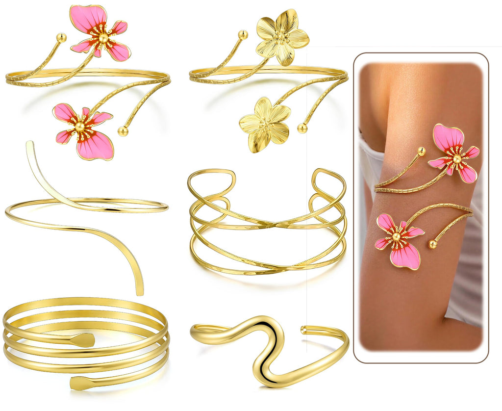 Boho Gold Arm Cuffs — 6 Piece Set, Adjustable Armlets