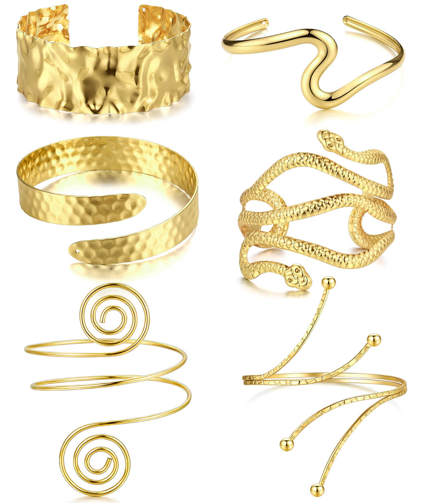 Boho Gold Arm Cuffs — 6 Piece Set, Adjustable Armlets