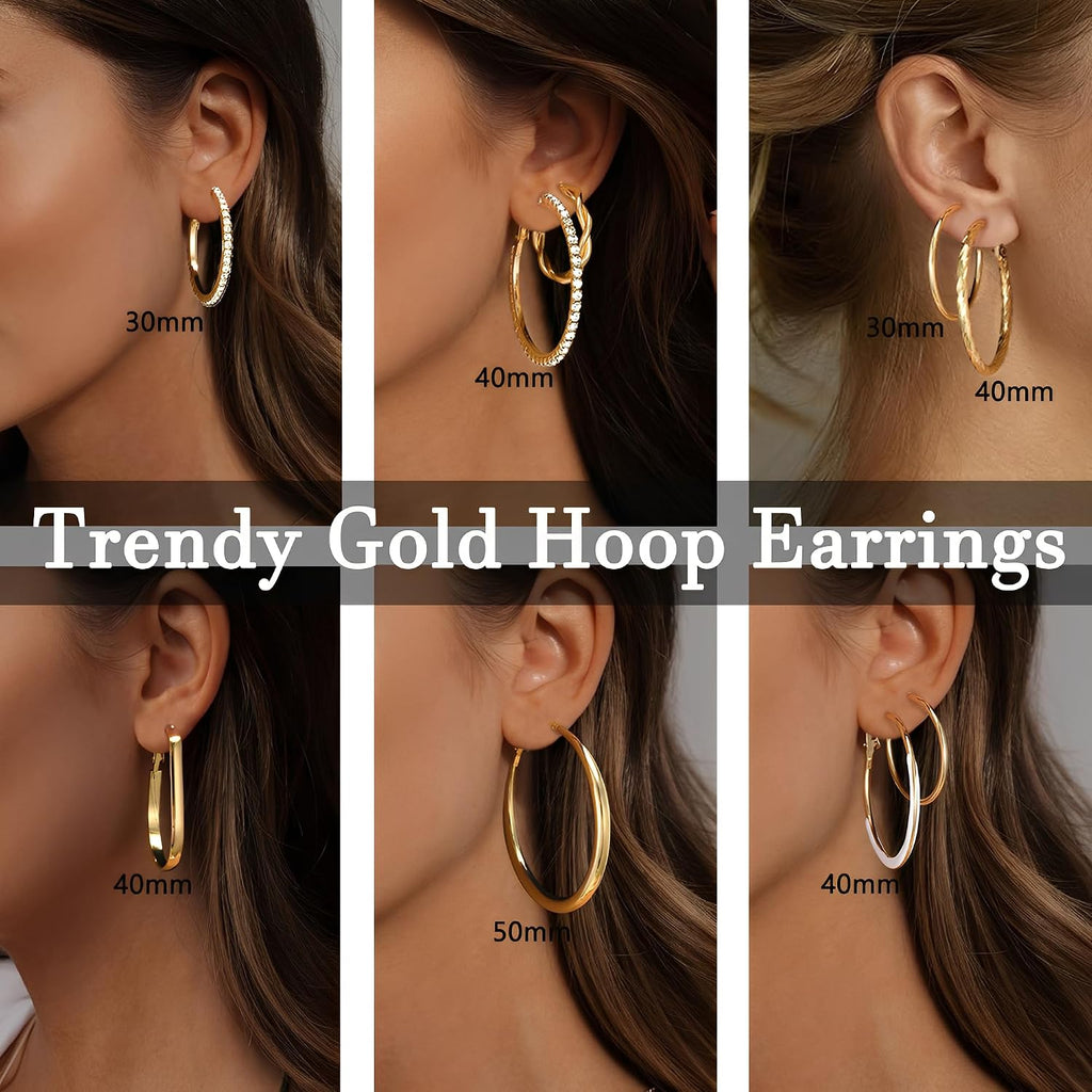 Gold Hoop Earrings Set — 12 Pairs, Lightweight Mixed Styles
