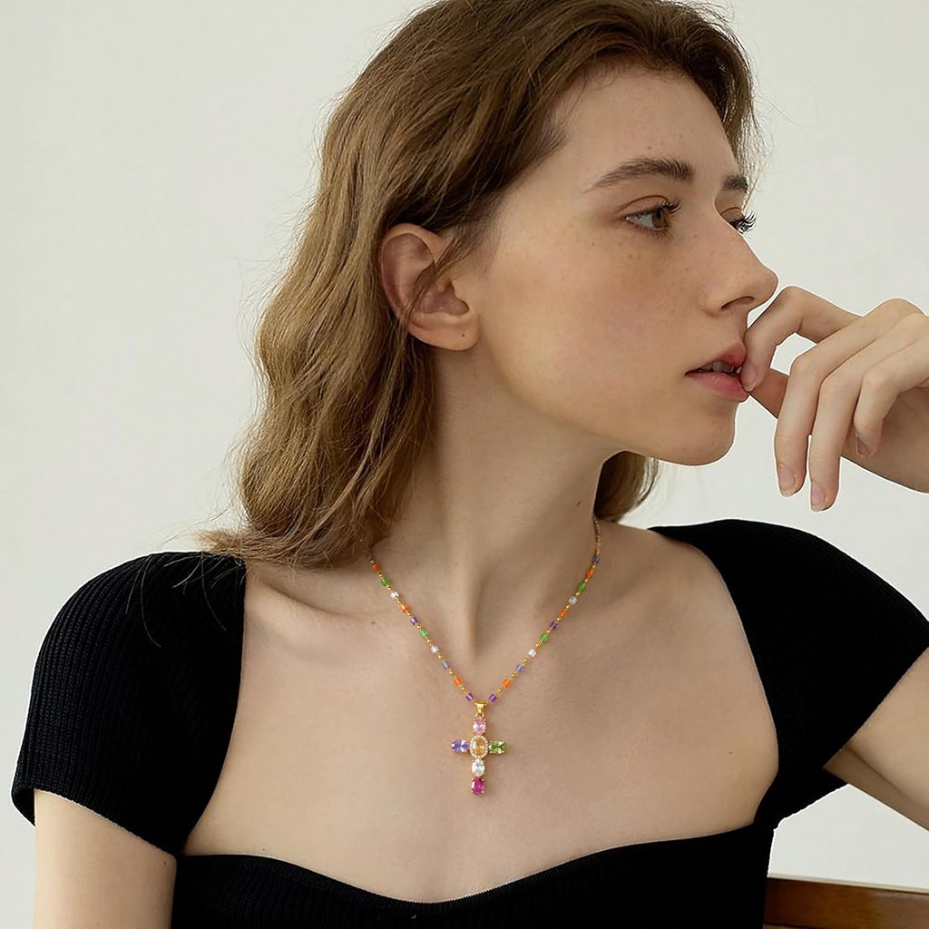 14K Gold Plated Colorful CZ Cross Necklace for Women – view 5