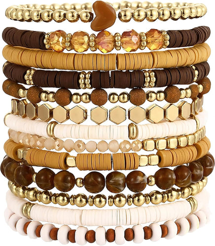 13 Pcs Heishi Clay Bracelets & 3 Pcs Gold Bangles