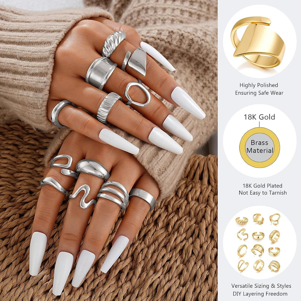 6 Pairs Silver Hoop Earrings and 12 Pcs Chunky Silver Rings for Women, 14K Gold Plated Lightweight Hypoallergenic – view 5