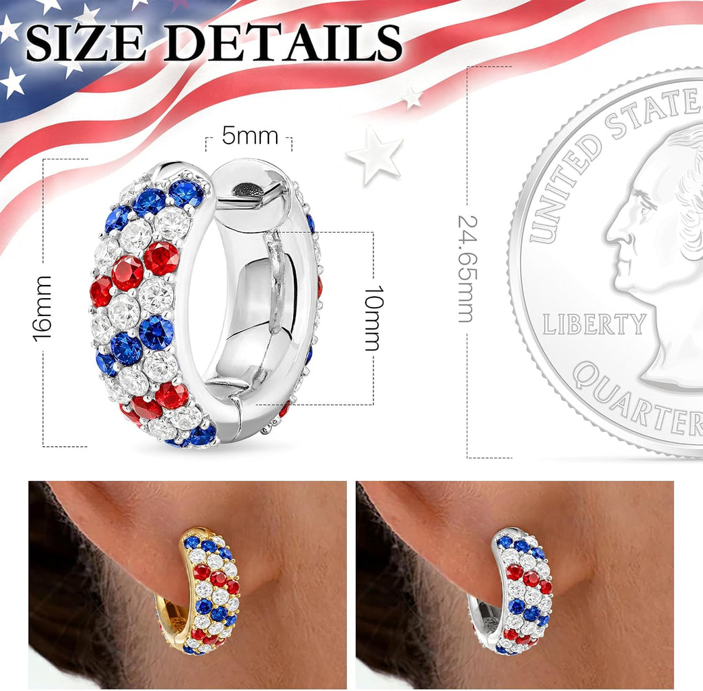 Red, White & Blue Hoop Earrings — Silver Tone, Cubic Zirconia
