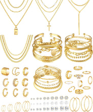 Load image into Gallery viewer, 78 Pieces Gold Jewelry Set for Women, 9 Necklace, 24 Bangle Bracelet, 22 Earrings, 23 Knuckle Rings Gold Plated Jewerly set for Women Gift