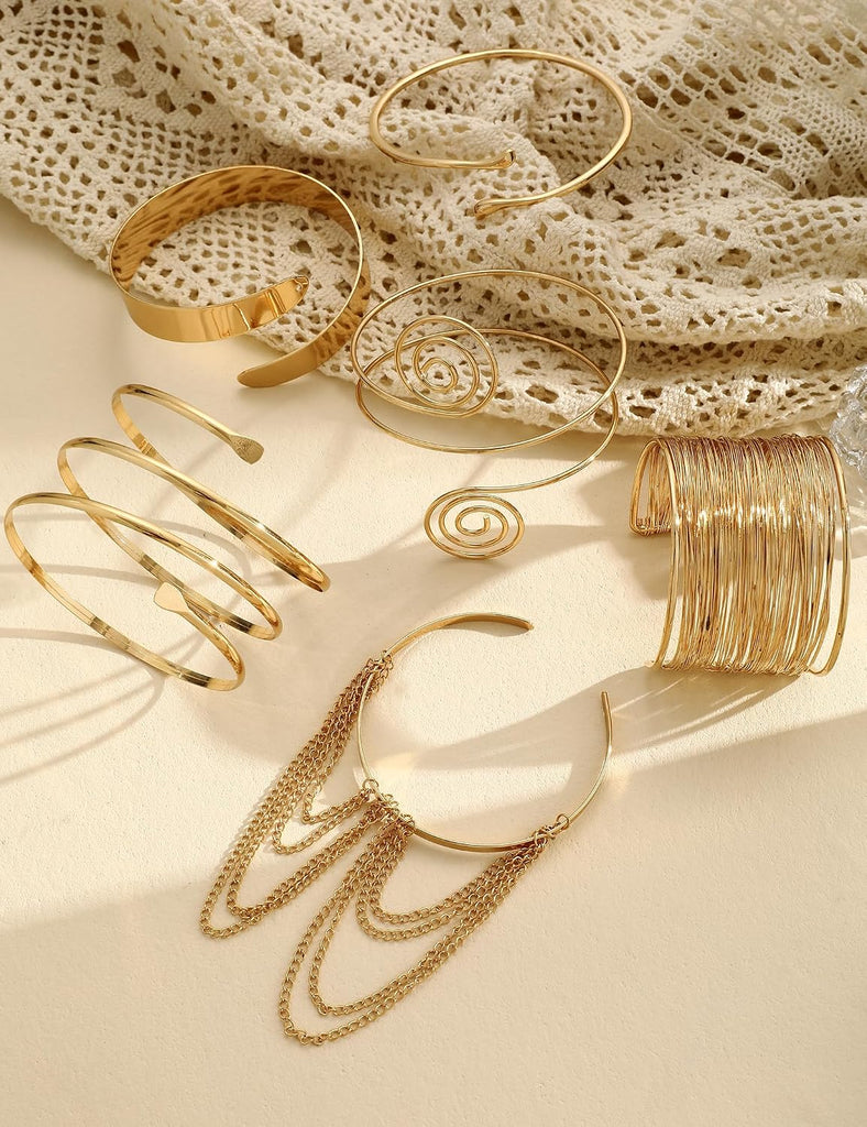 Gold Arm Cuff Set — 6 Pieces, Adjustable Upper Arm Bangles