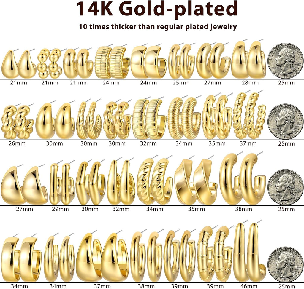 Chunky Gold Hoop Earrings — 30 Pair Multipack, 7 Finishes