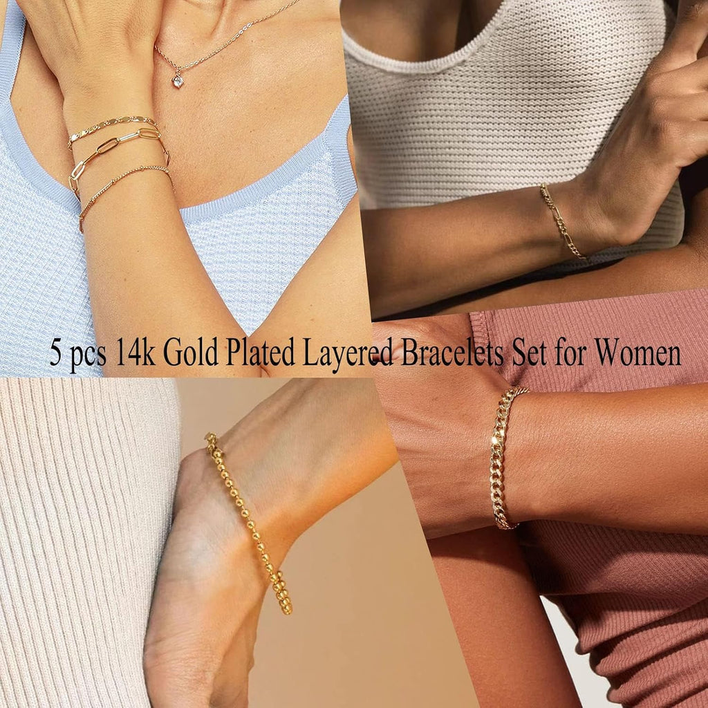 Layered Bracelet Set — 5 Pieces, 14K Gold Plated