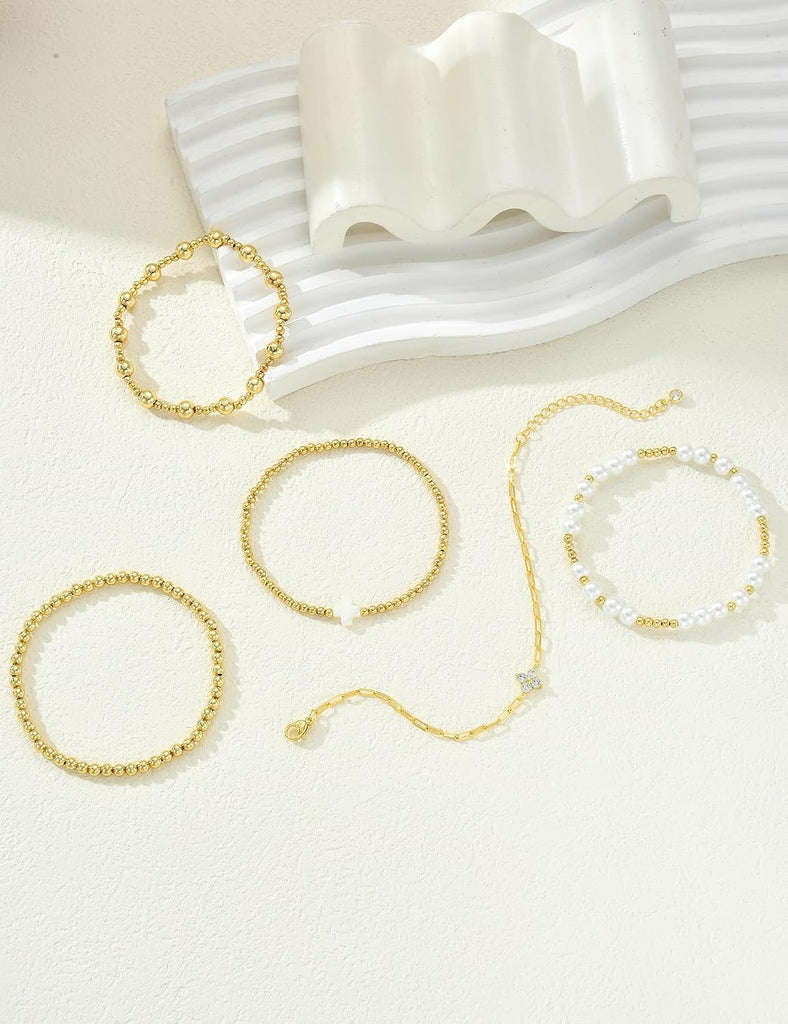 Gold Beaded Bracelet Set — 5 Pieces, Stretch Stack