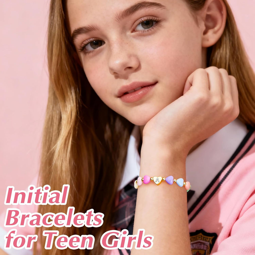 Initial Heart Bracelets for Toddler Girls Kids Women, Cute Preppy Letter A-Z Charm Bracelet for Little Girls Bulk, Colorful