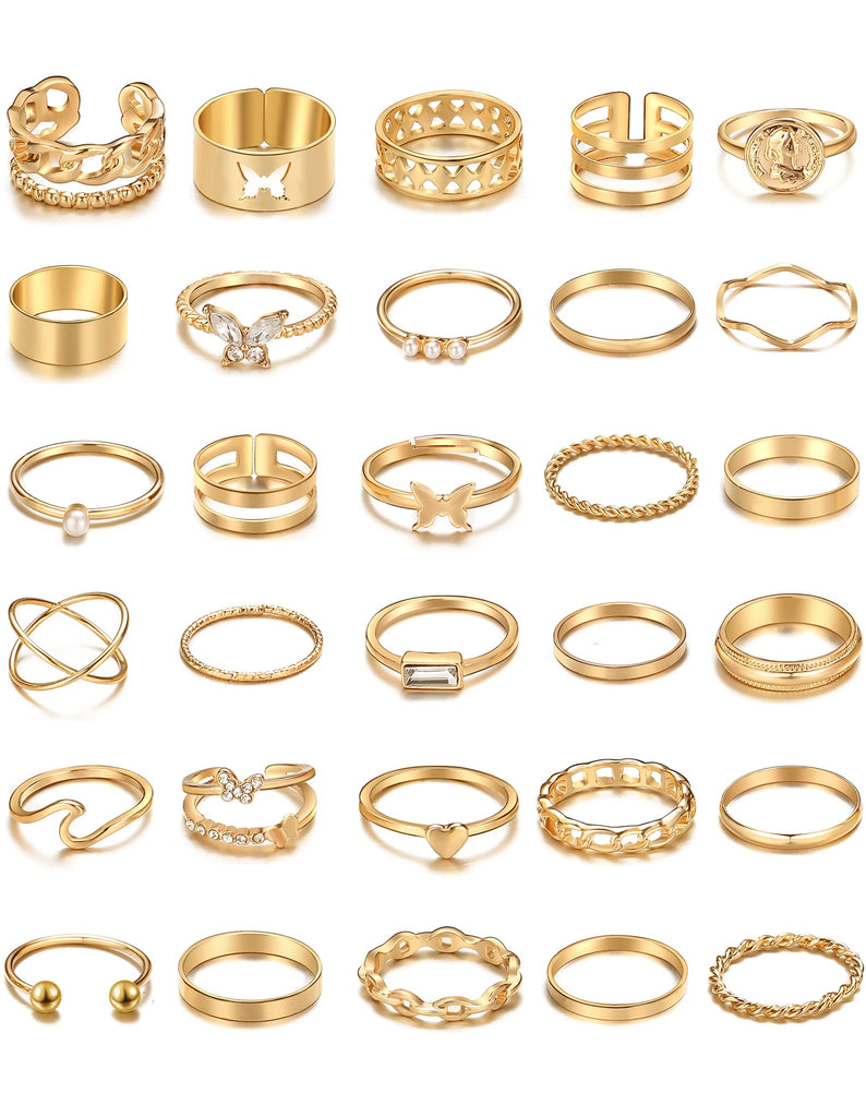 30 Pcs Silver Stackable Rings Set for Women, Boho Butterfly Snake Knuckle Finger Rings Stack, Vintage Midi Rings Pack Summer Jewelry
