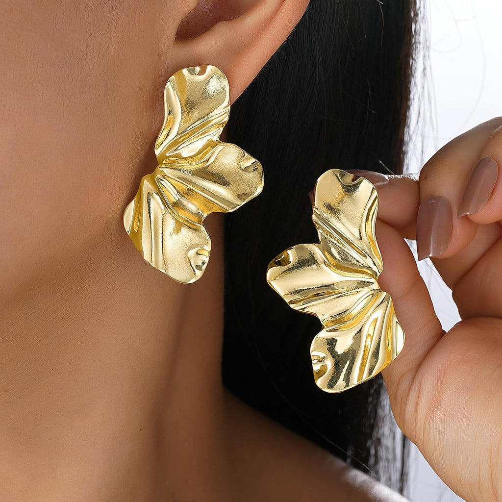 Chunky Gold Flower Dangle Earrings for Women, Gold Plated Irregular Leaf Floral Big Statement Earrings Set – view 4
