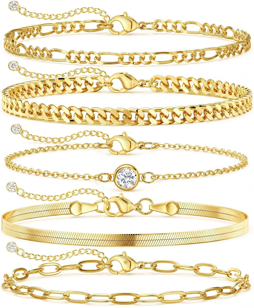 Dainty Gold Bracelets for Women Waterproof, Stackable 14K Gold Plated Waterproof Rope Cuban Snake Paperclip Figaro Link