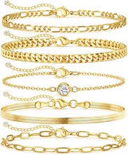 Load image into Gallery viewer, Dainty Gold Bracelets for Women Waterproof, Stackable 14K Gold Plated Waterproof Rope Cuban Snake Paperclip Figaro Link