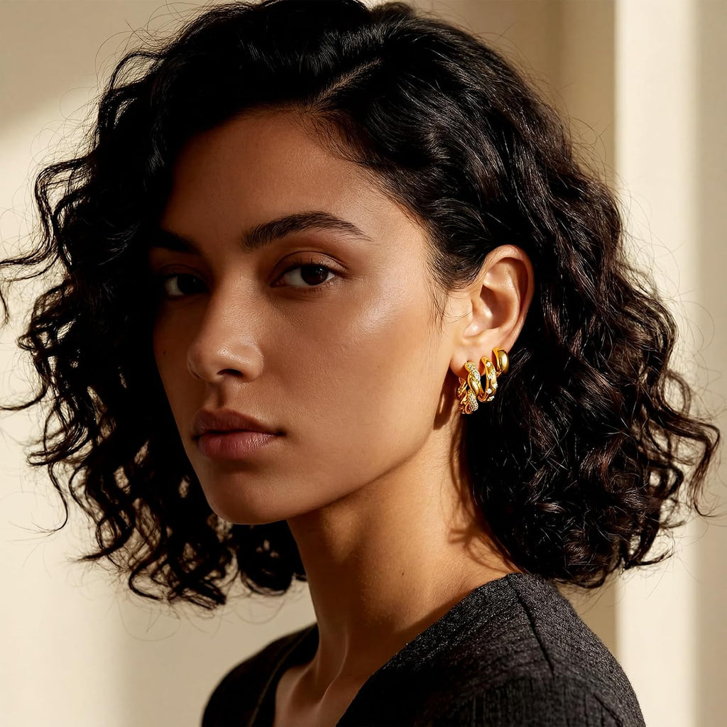 Small Chunky Gold Hoop Earrings — 3 Pairs