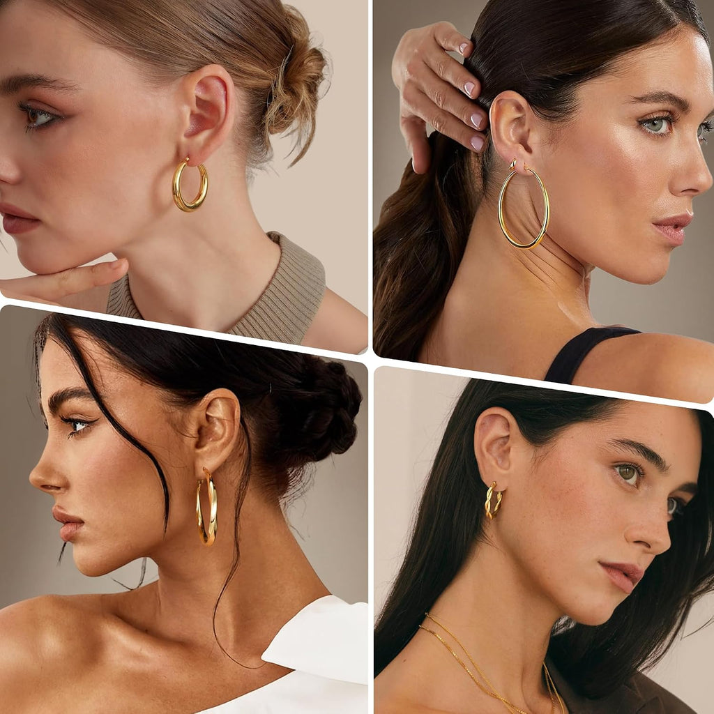 Gold Hoop Earrings Set — 12 Pairs, Lightweight Mixed Styles