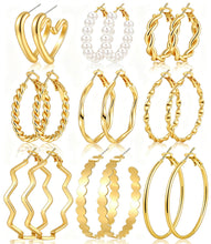 将图片加载到图库查看器，Gold Hoop Earrings Set — 12 Pairs, Lightweight Mixed Styles
