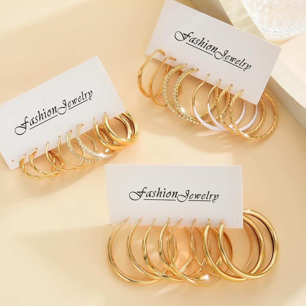 Gold Hoop Earrings Set — 12 Pairs, Lightweight Mixed Styles