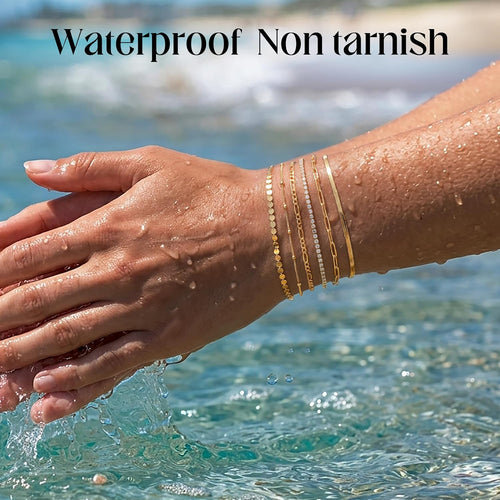 Gold Bracelets Set for Women Waterproof, Non Tarnish 14K Gold Plated Tennis Beaded Figaro Herringbone Paperclip Link Chains, Dainty Layered Bracelets Gifts for Mom Wife Her