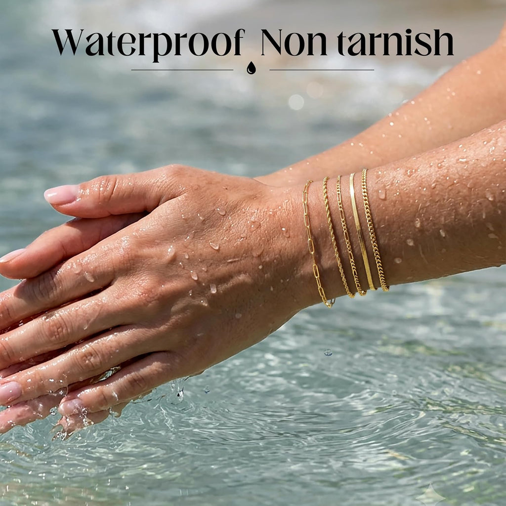 Dainty Gold Bracelets for Women Waterproof, Stackable 14K Gold Plated Waterproof Rope Cuban Snake Paperclip Figaro Link