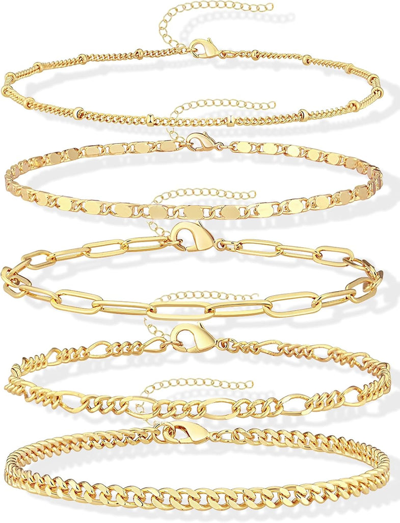 Gold Chain Bracelet Set — Paperclip & Cuban Link, 7"+2"
