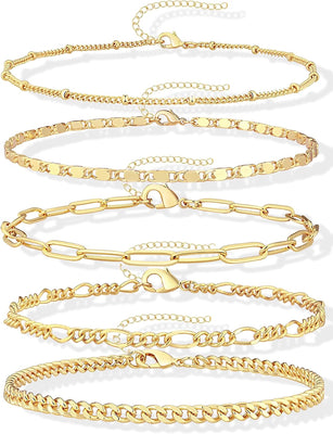 Gold Chain Bracelet Set — Paperclip & Cuban Link, 7