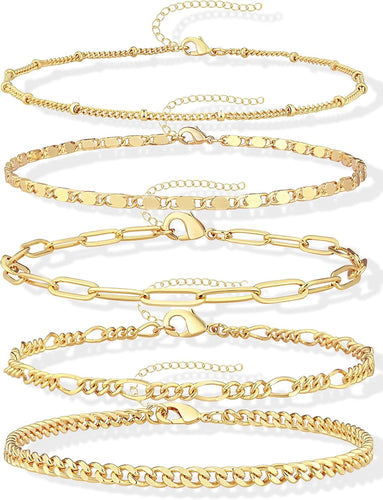 Gold Chain Bracelet Set — Paperclip & Cuban Link, 7