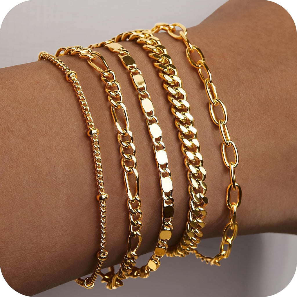 Gold Chain Bracelet Set — Paperclip & Cuban Link, 7"+2"